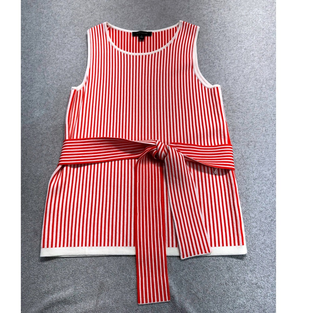 Ann Taylor XS Red White Striped Sleeveless Knit Tie Waist Sweater Tank Top Work - Picture 1 of 9